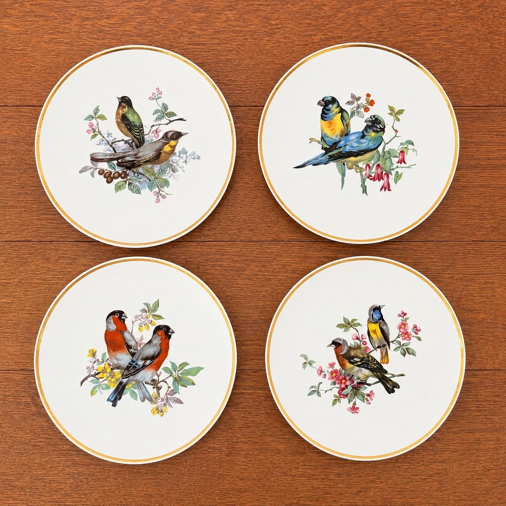 Vintage Bird Porcelain Salad Plates Set of 4 Gold Rimmed Songbirds Marked 9050